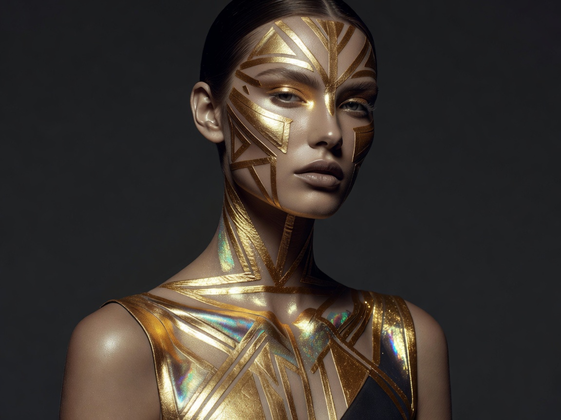Expert tutor discussing face structures and gold tone foundations in beauty studio setup with high fashion lighting.