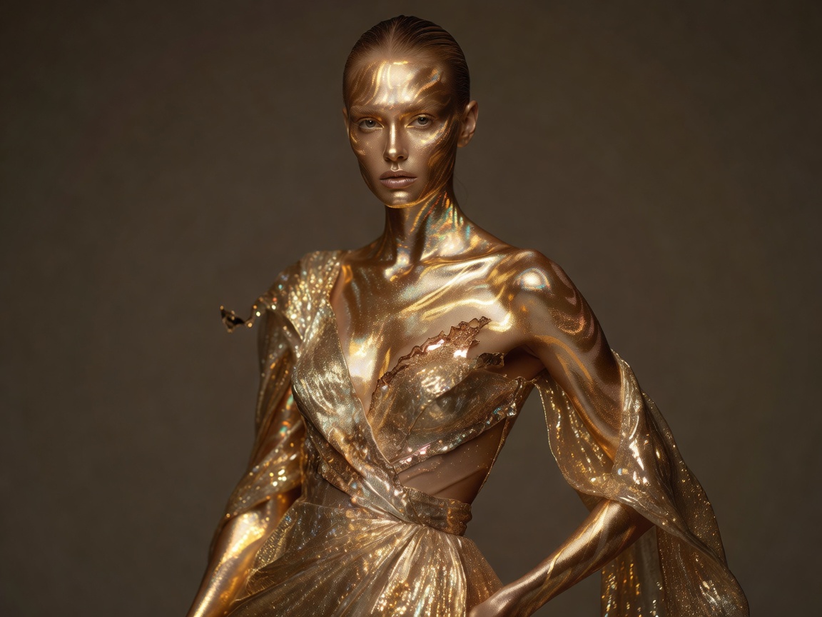 Avant-garde fashion editorial photography demonstrating shimmering gold highlights on model skin under soft warm beauty studio lighting.
