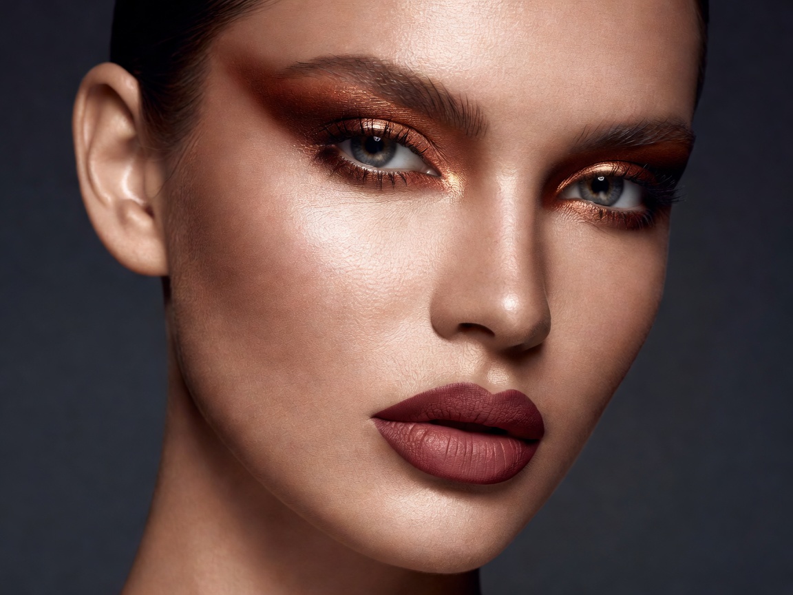 High fashion editorial cosmetics with bold dark rosé lip contour and dramatic copper eye contour highlight on high cheekbones.