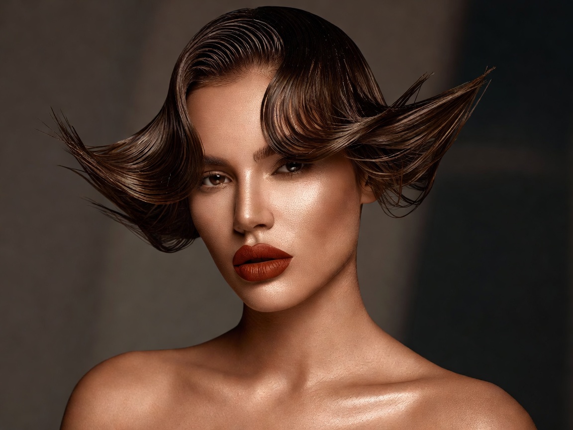 High-fashion modern portrait highlighting rich glowing skin tone, deep terracotta lipstick, and sculptural wet hair look.
