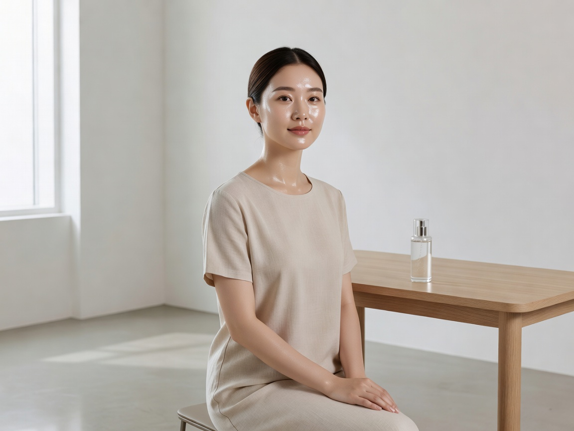 Minimalist beauty studio setup emphasizing hyper-natural skin moisture, zero makeup aesthetic, and high glass-skin hydration finish.