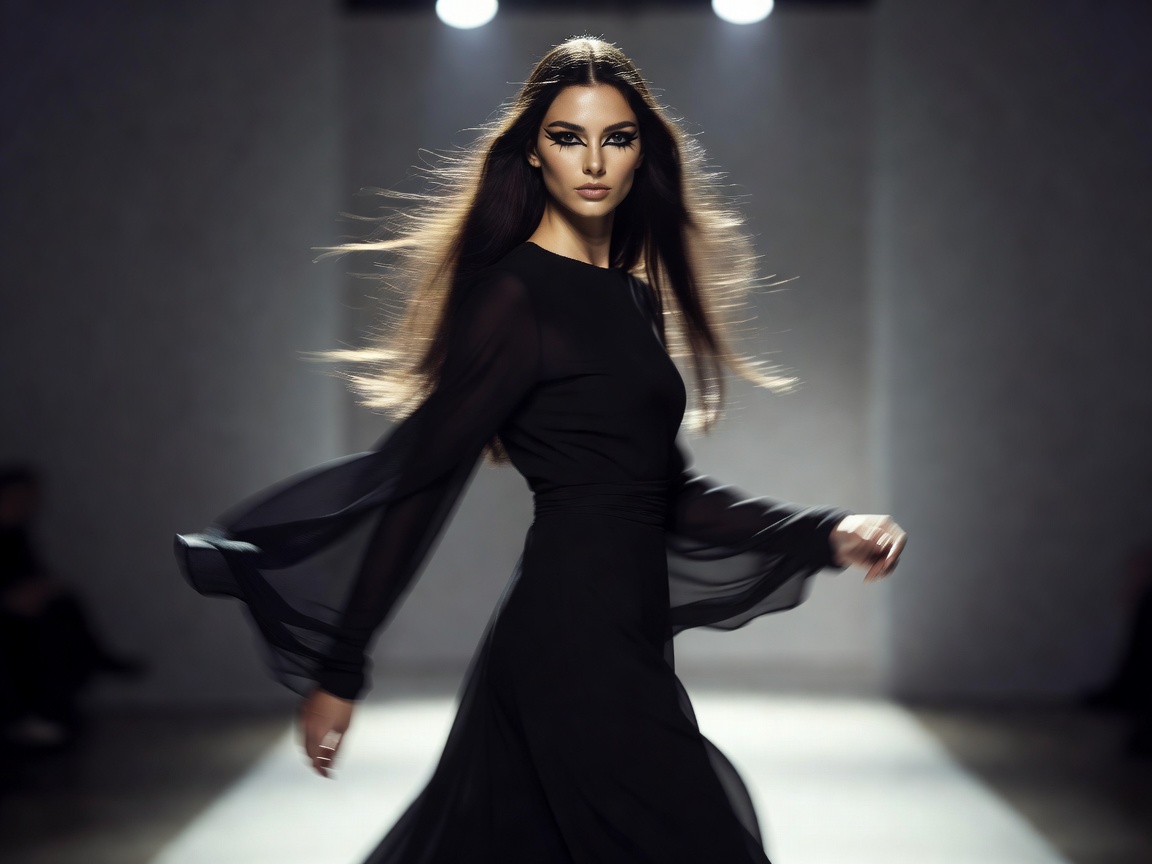 Runway beauty portrait representing dynamic motion blur, bright studio studio backlighting, and heavy black editorial eyeliner details.