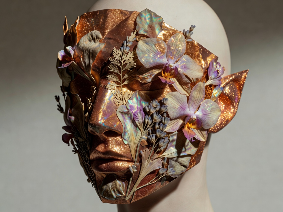 Striking avant-garde conceptual face mask art styled with organic floral fragments and shimmering copper-gold foundation powder.
